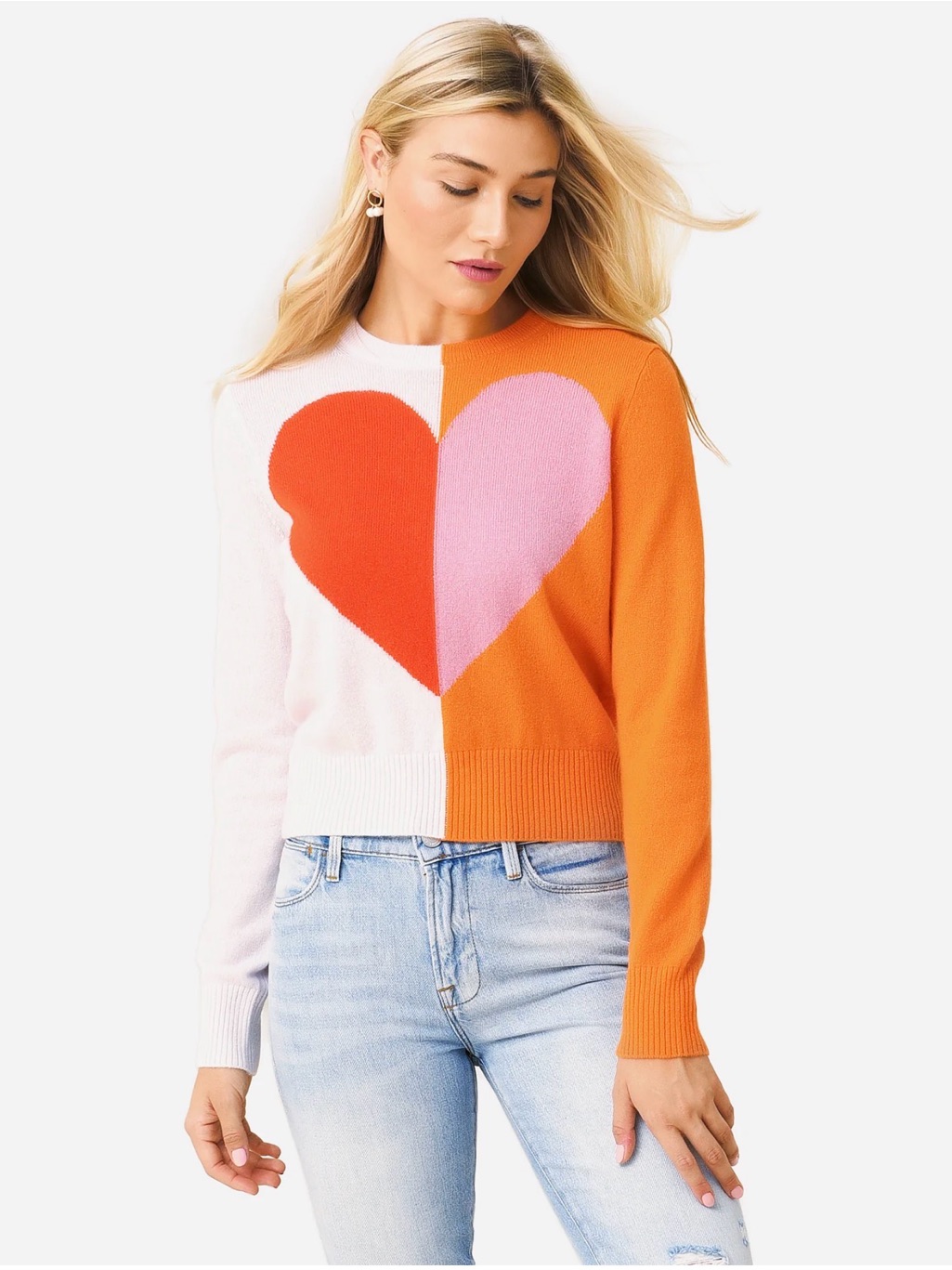 White + Warren Cashmere Colorblock Heart Sweater Sz M Like New